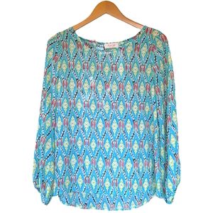 Rachel Kate Turquoise Teal Tribal Print Blouse Top | Sz Small